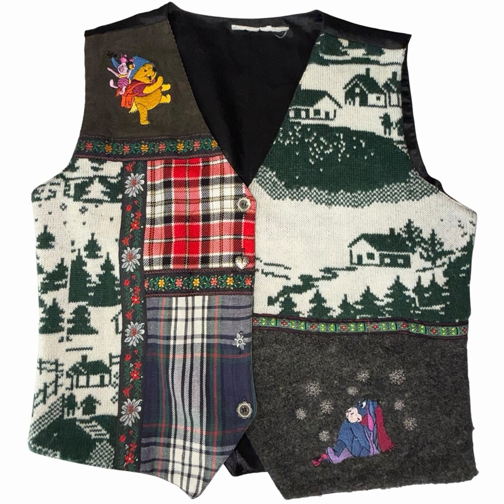 Vintage Disney Christmas Pooh Eeyore Patchwork Vest Sz M Cottagecore Prairie